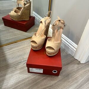 Elegant Beige Faux Suede Wedge Sandals